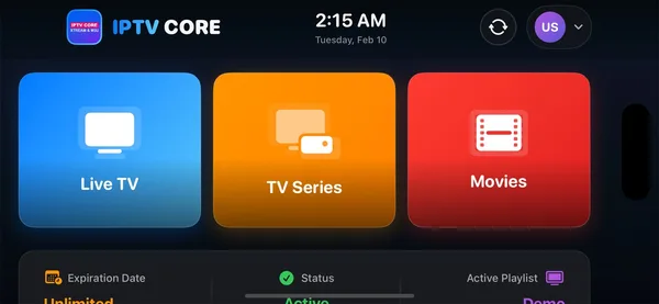 IPTV Core IPTV player screenshot — live TV, series and movies on iPhone